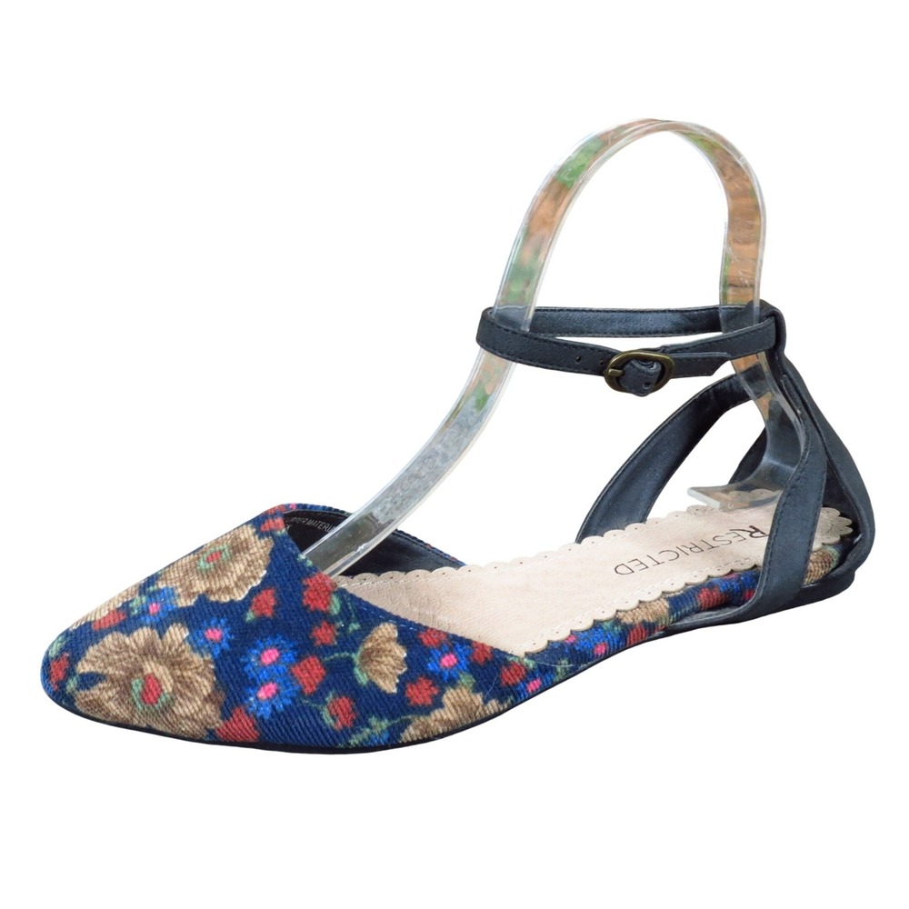Restricted Tapestry Womens Pointed Toe Flat 6.5 Dressy Floral Ankle Strap Blue